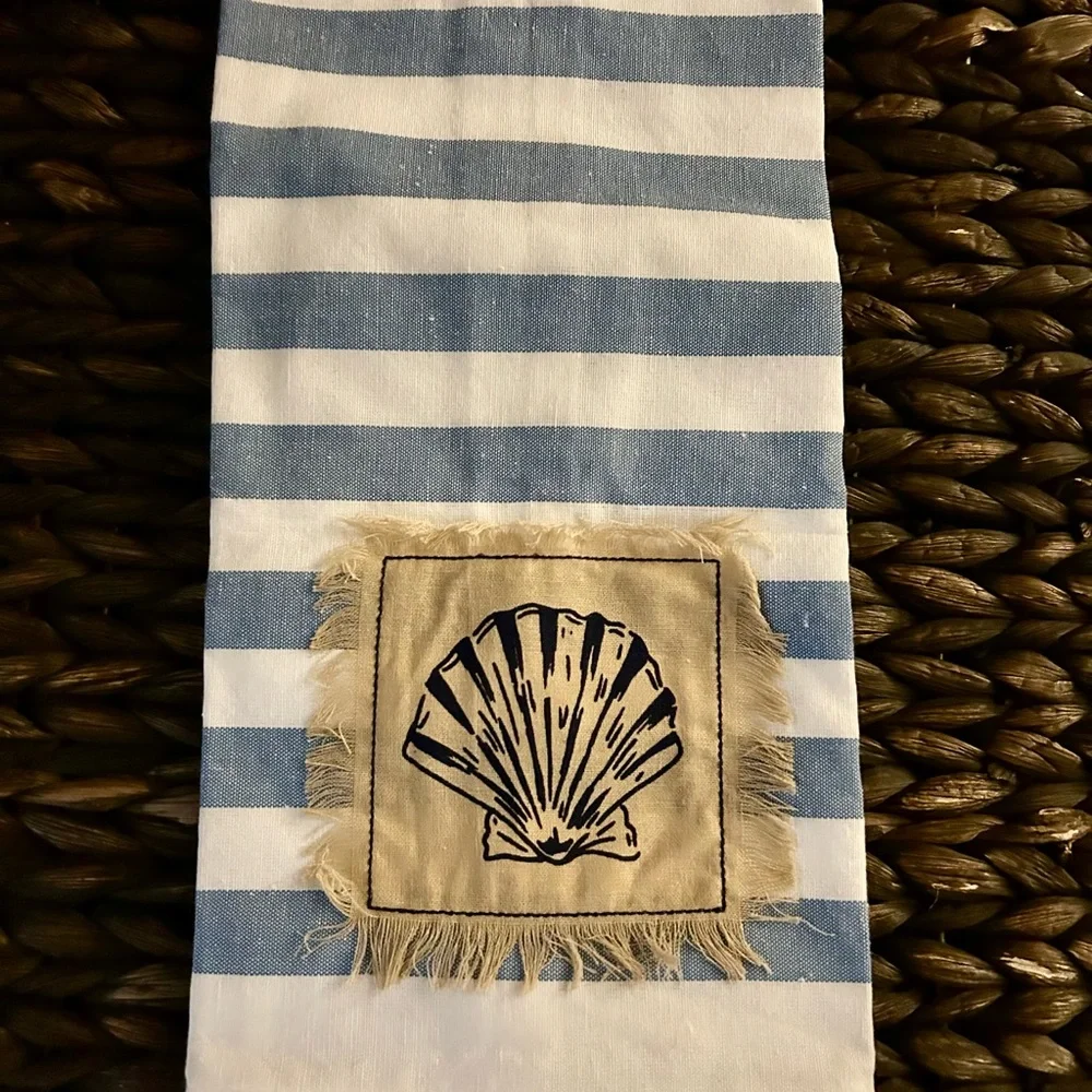 Blue and White Striped Shell Embroidered Towel